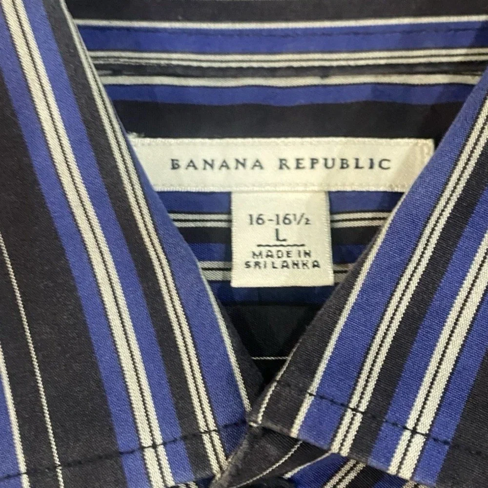Banana Republic Mens Blue Black White Striped Button Down Shirt Large 16-16.5